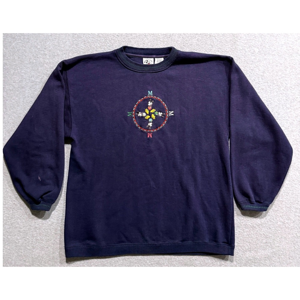 Vintage Mickey & Co Disney Navy Blue Embroidered Compass Sweatshirt Mens XL 90s